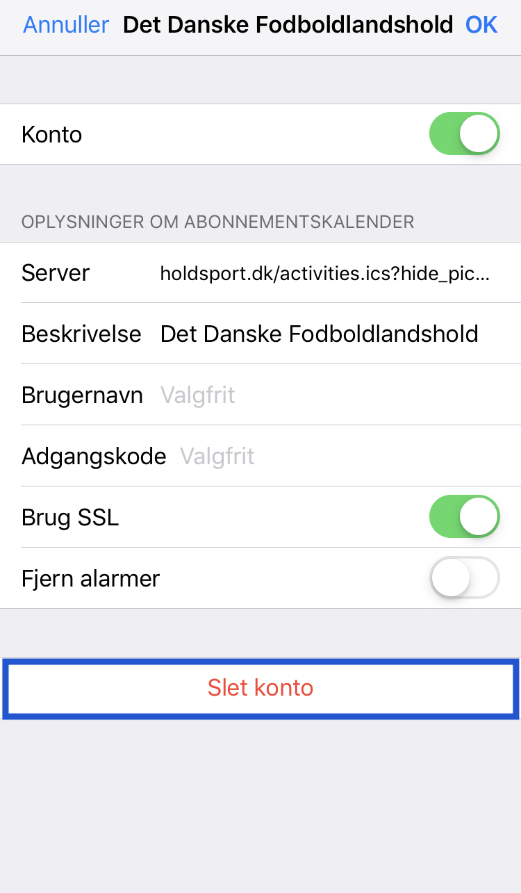 På den specifikke abonnementskalender finder du knappen "Slet konto" i bunden.